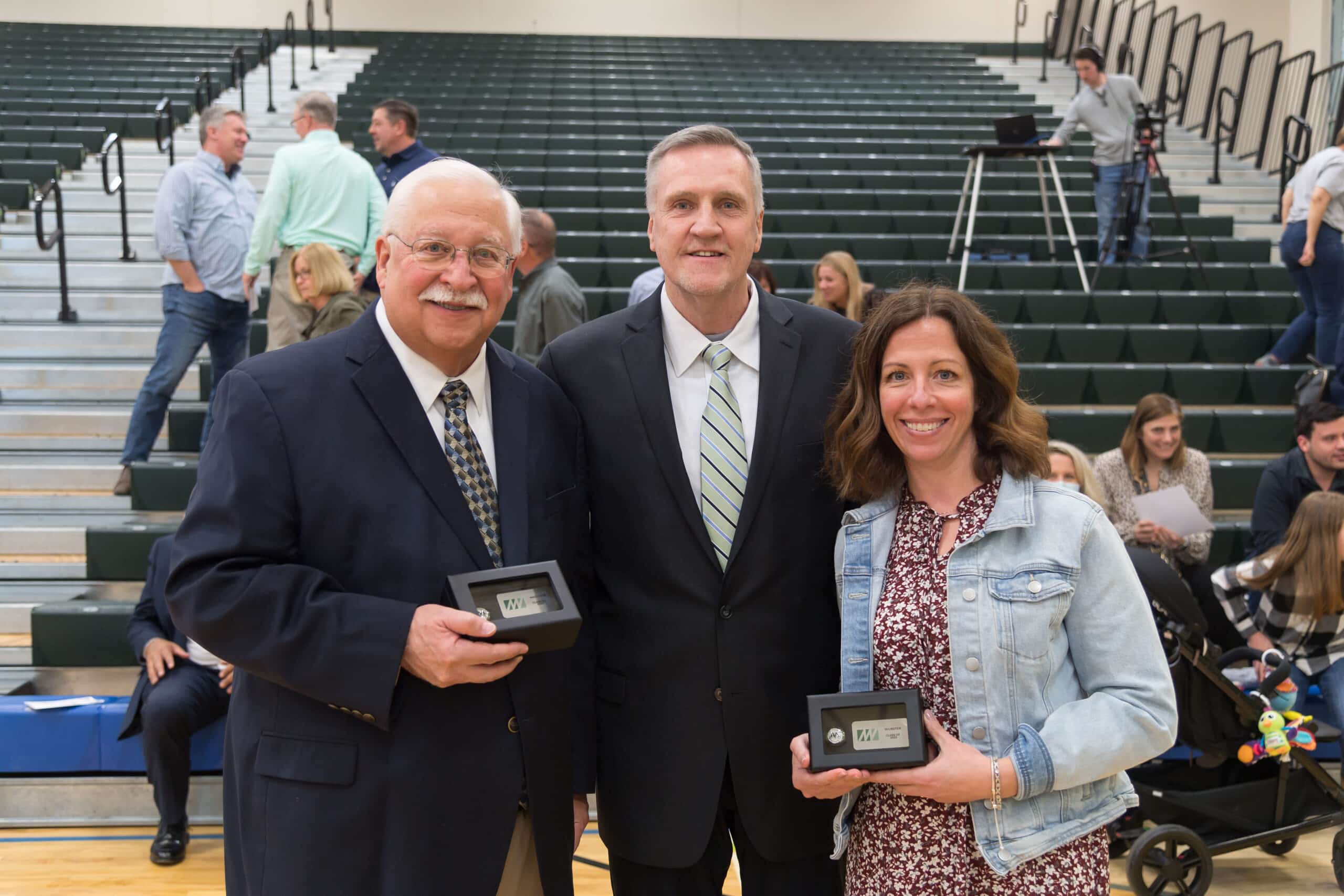 Moraine Valley Community College inducted four into its Athletics Hall of Fame, including Kyle R. Hastings (far left), Julie Wurster (far right), and Bill Antonion and Michael Wojnarowski (both not pictured). Athletics director Bill Finn stands between the inductees in attendance.