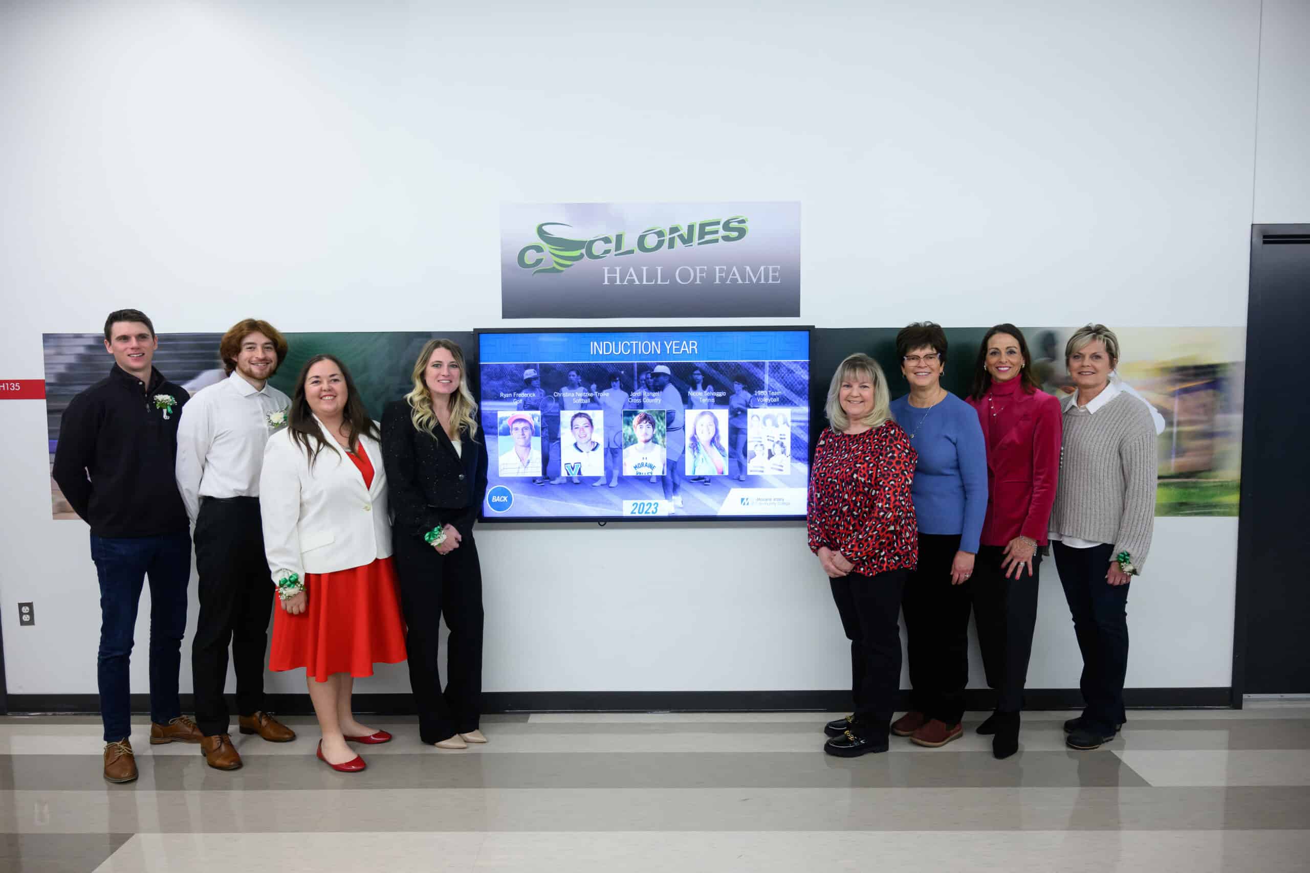 Moraine Valley Community College inducted four individuals and one team into its Athletics Hall of Fame, including Ryan Frederick (from left), Jordi Rangel, Nicole Selvaggio, Christina Neitzke-Troike, and the 1980 Volleyball Team represented by Lisa Lau, Patti Wolf, Maureen Quaid and Jackie Redman.