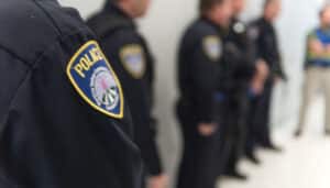 A police officer stands in the hallway at Moraine Valley Community College|Patrick Treacy|