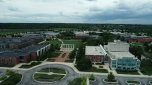 Aerial view of main campus in summer