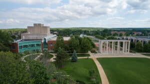 Aerial view of the FPAC and Gateway outside on campus