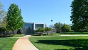 A photo of Moraine Valley's campus. Building G is in the background.