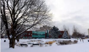 A photo of the exterior of campus in the winter with snow covering