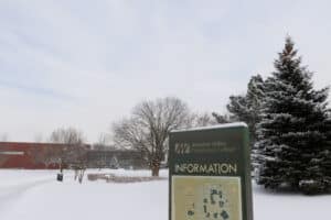 A photo of the exterior of campus in the winter with snow