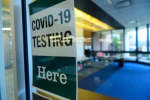 COVID-19 testing here sign|Fogelson lobby COVID testing info