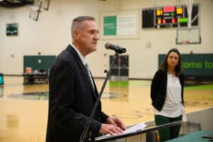 Bill Finn speaking at the 2023 Athletics Hall of Fame induction ceremony.|Bill Finn