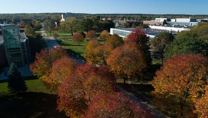 An aerial view of Moraine Valley Community College’s tree-filled campus.